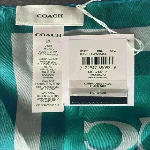 Coach Signature Print Silk Square Scarf in Bright Turquoise NWT - Picture 4 of 5